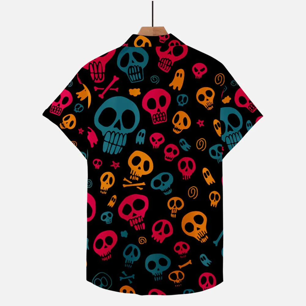 2024 Men's Summer Casual Short Sleeve Shirts Halloween Skull 3d Print Hip Hop Plus Size