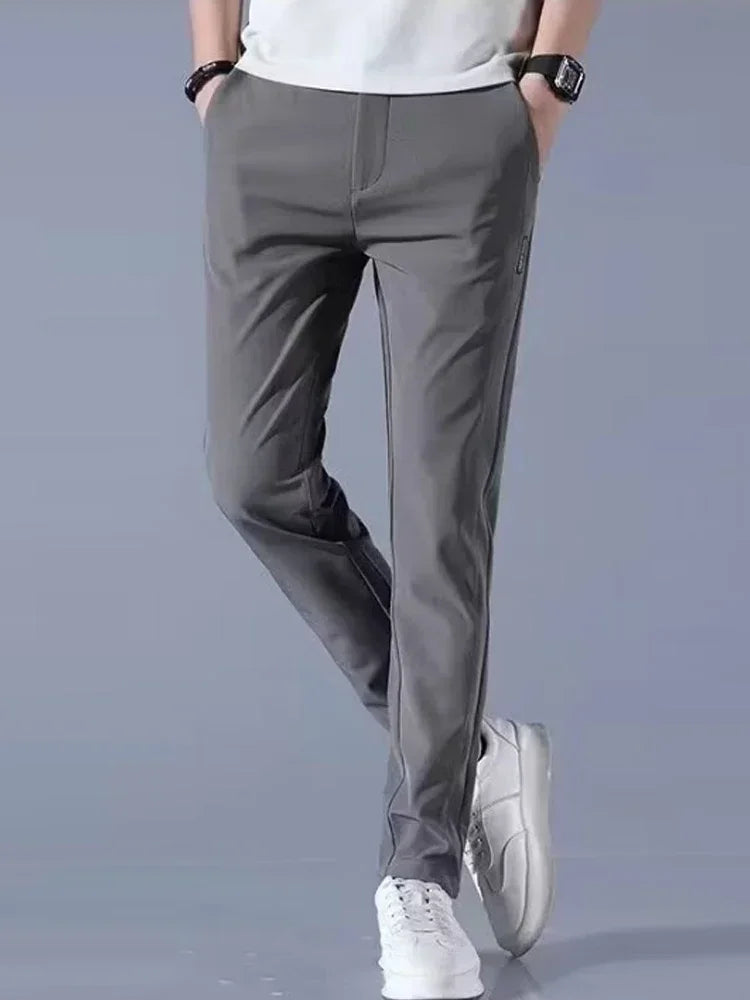 Elastic Men's Casual Trousers Summer Ultra-thin Ice Silk Slim Straight Business Pants Quick-drying Sweatpants Black Gray