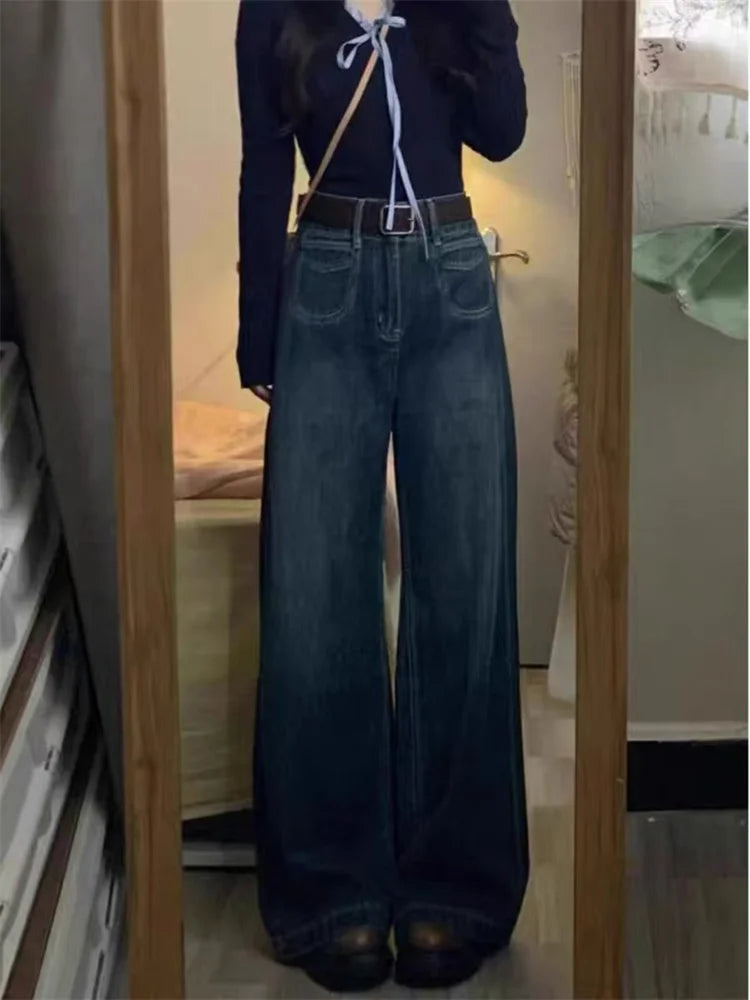 Botvotee American Retro Jeans for Women High Waist Wide Leg Loose Straight Deep Blue Denim Pants Female Fashion Streetwear Jeans