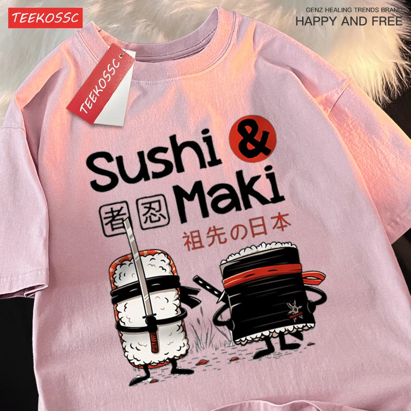 Theduc Sushi And Sushi Printing Men Women Tshirt Cotton T-Shirts Loose T Shirt Crewneck Loose Tops Fashion Clothes Unisex
