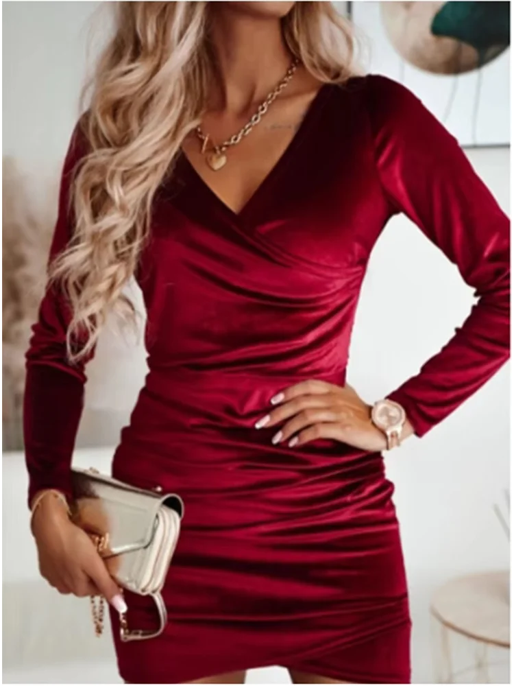 Lady Bodycon Solid Color Velvet Dress Women V-Neck Long Sleeved