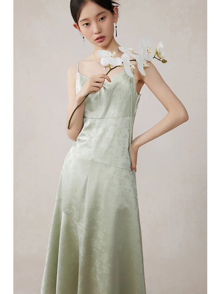 ZIQIAO New Chinese Style Slim Fit Classic Suspender Dress For Women 2024 Summer Vibe Romantic Mint Mambo Midi Dress 24ZQ92011