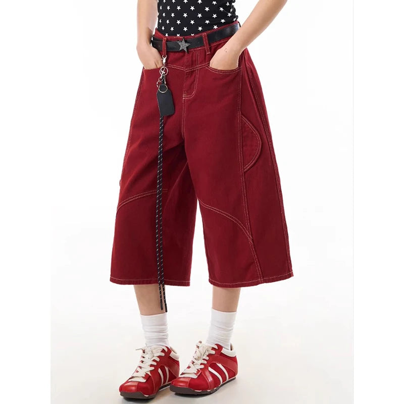 ZHIZOU American Black Jeans for Women High Waisted Wide Leg Baggy Cargo Denim Shorts 2000s Y2k Vintage Streetwear Short Jeans