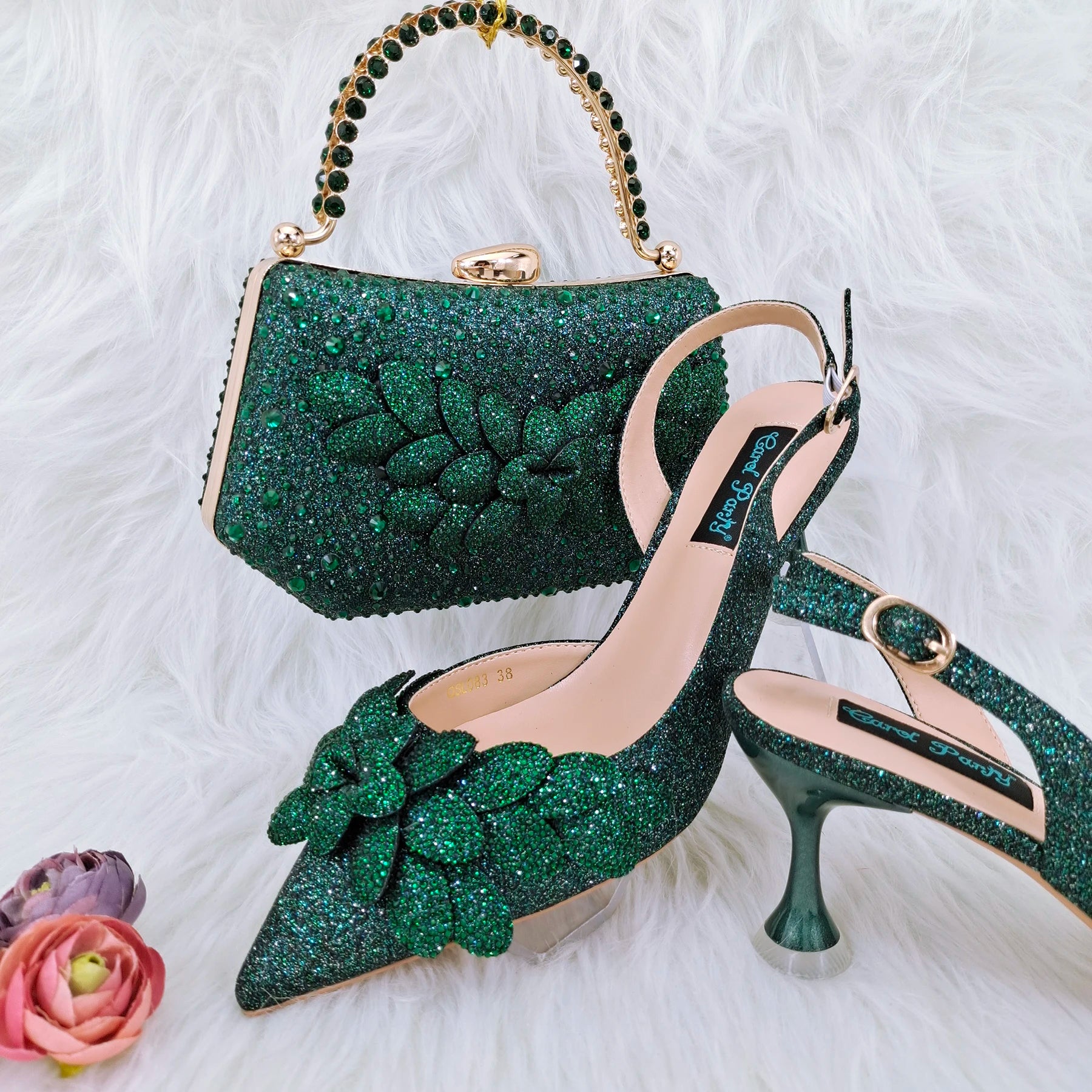 Handmade Garland Gag and Shoes Pointed Toe Pumps Crystal Handle Clutch