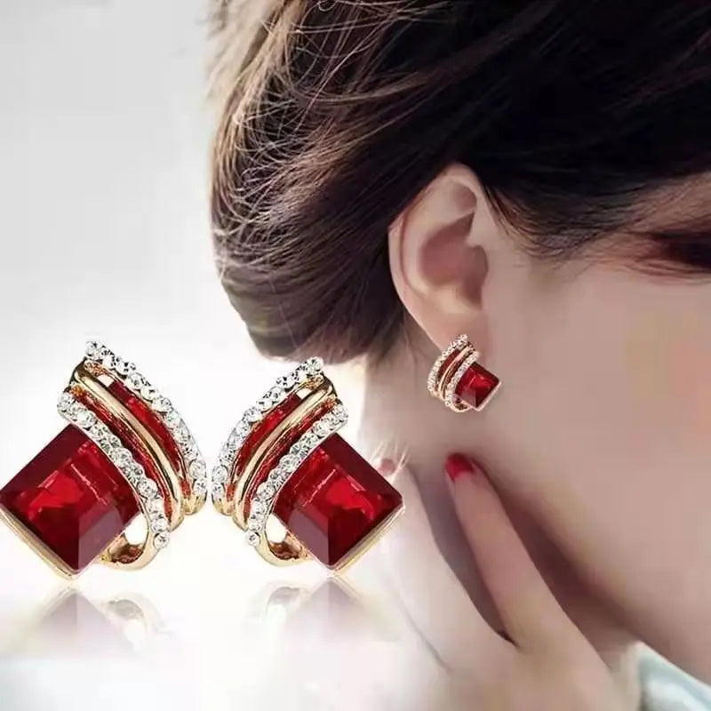 Vintage Gold Color Red Crystal Zircon Ear Earrings For Women