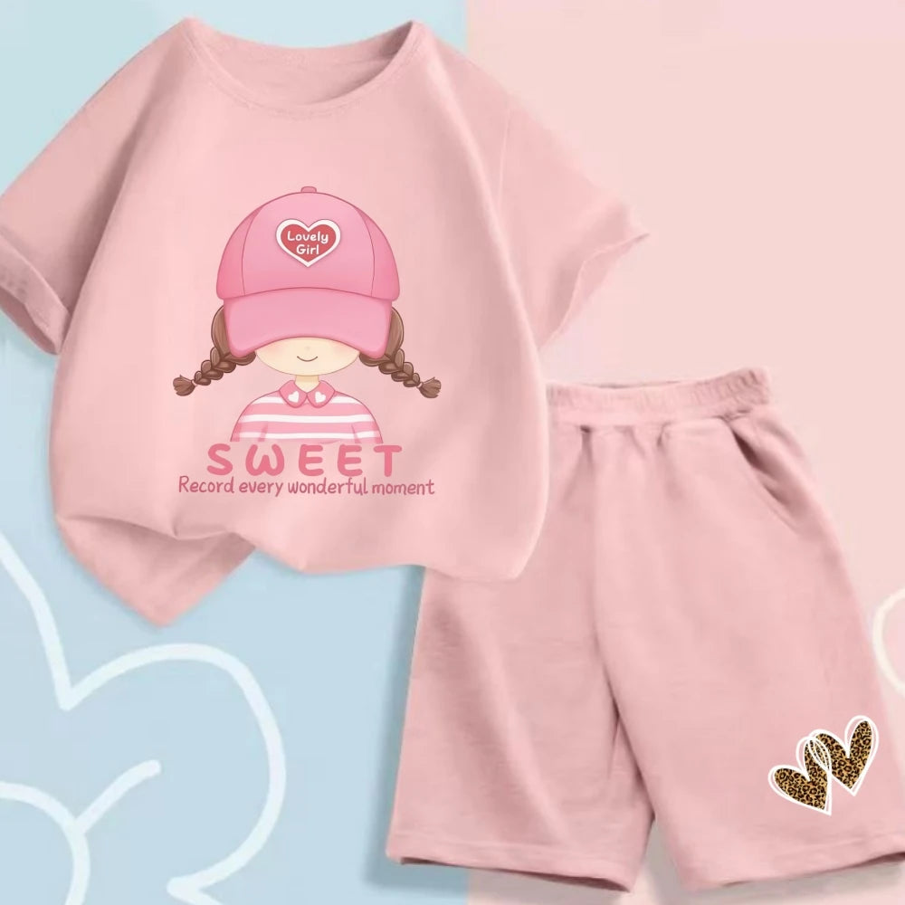 Girls Cartoon Printed Short Sleeve T-Shirts+Top