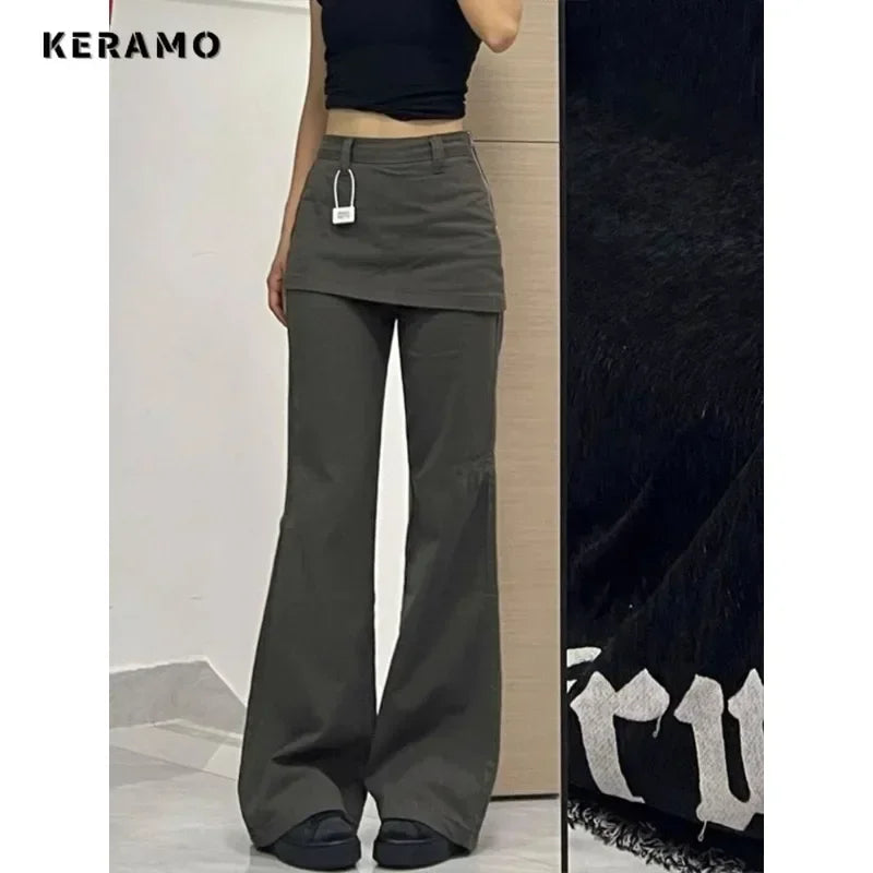 2025 Autumn Female Harajuku High Waist Flared Jeans Retro Y2K Hight Street Pants Women's Vintage Patchwork Denim Trouser