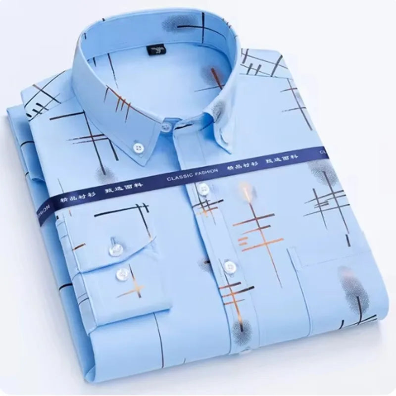 Men's Long Sleeved Shirt Hot Selling Spring Autumn Wrinkle Free Long Sleeve Stylish Business Casual Printe Thin Slim Fit Clothes