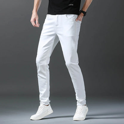 White Men's Jeans Straight Slim Solid Color Casual Denim Trousers Classic Male Pants