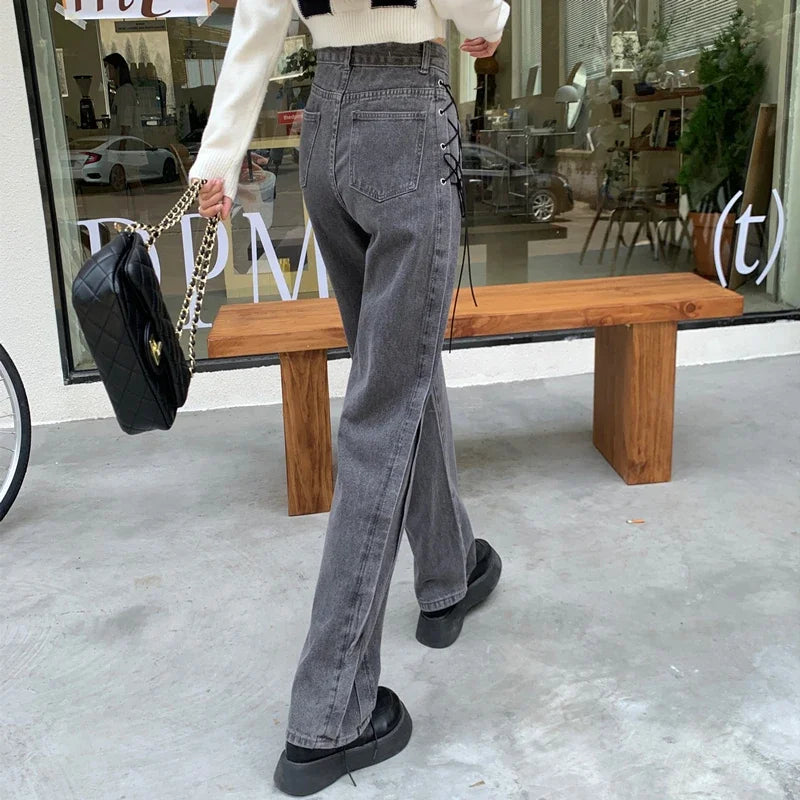 Casual Jeans Women Denim Pants Straight Trousers Autumn Spring Fashion Female Vintage Solid Lace Up Jeans Wide Leg Pants
