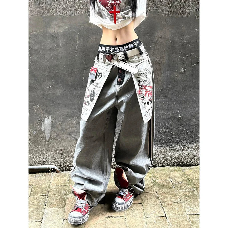 Women's Grey Gothic Y2k Oversize Jeans Harajuku Vintage Baggy Denim Trouser Japanese 2000s Style Boyfriend Jeans Pants Summer