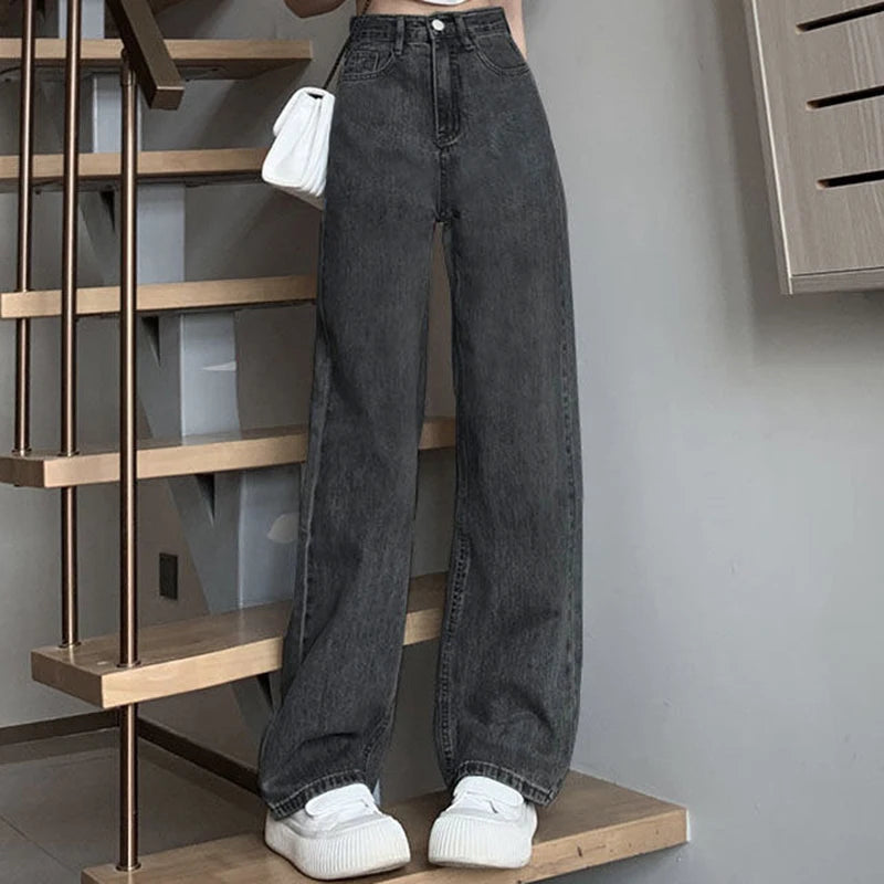 Girls High Waist Wide Leg Jeans Lady High Street Denim Straight Leg Pants Female Retro Blue Light Blue Black Gray Pink Trousers