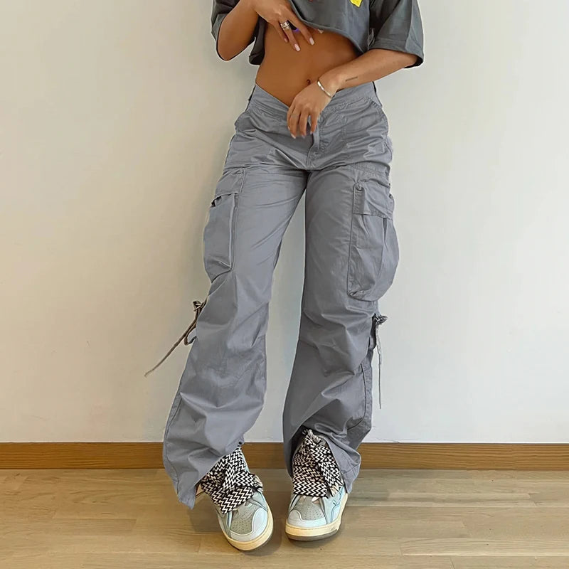 Streetwear Basic Buckle Cargo Pants Women Solid Straight Leg Big Pockets