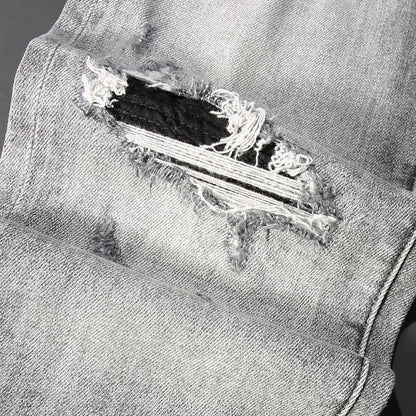 Men Jeans Retro Gray Elastic Stretch Skinny Ripped Jeans