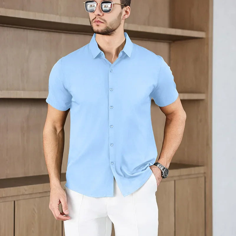 New Men's Business Casual Solid Color Short Sleeved Shirt for Summer Fashion No Ironing Comfortable and Versatile Top