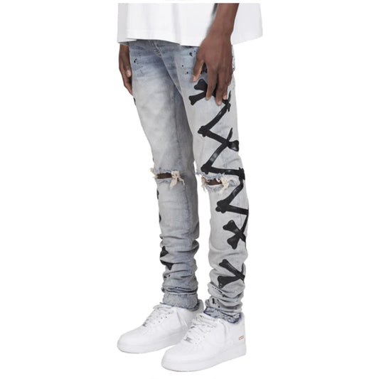 Ripped Jeans For Men Stretch Slim Printed Bones Skinny Pants Men