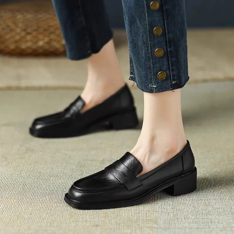 2024 Phoentin classic Loafers Women Genuine Cow Leather square Toe pumps Slip-on Retro Lady Casual cozy Shoes Handmade
