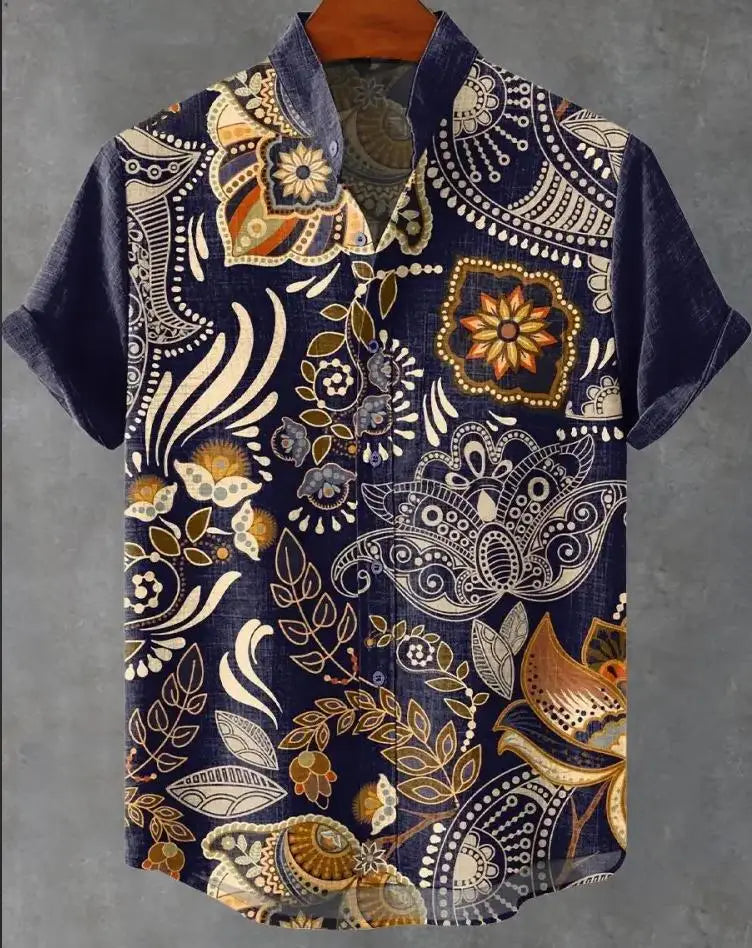 Retro African tribal totem pattern printed men's new linen comfortable fabric short sleeved shirt for casual street wear