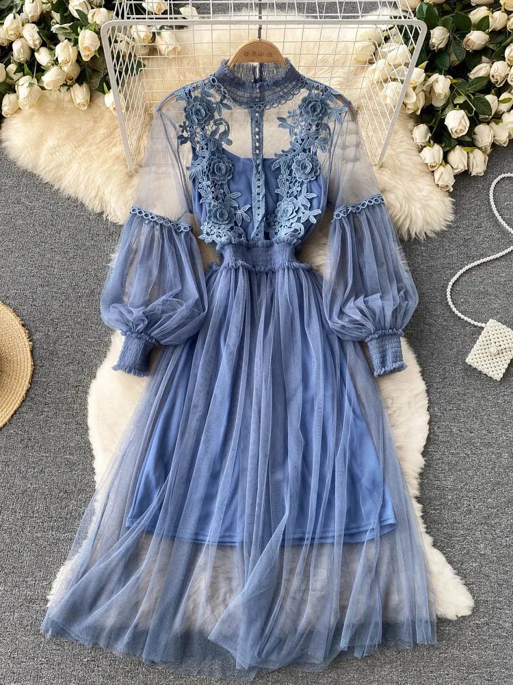 Three-dimensional Flower High Waist Slim Female Dresses