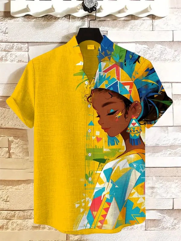 Retro African tribal totem pattern printed men's new linen comfortable fabric short sleeved shirt for casual street wear