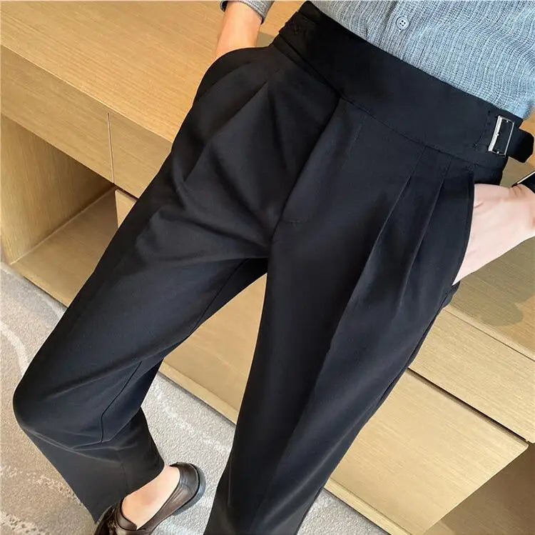 Men High Waist Casual Dress Pant Men Belt Design Slim Trousers