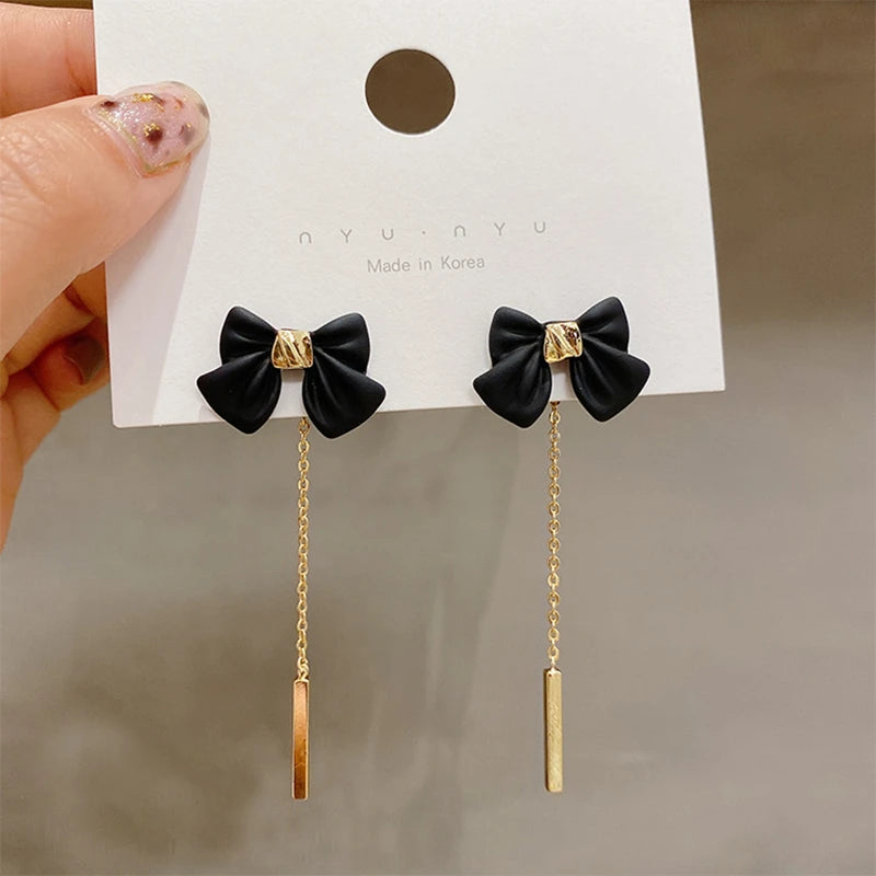 Black Bowknot Chain Tassel Long Pendant Earrings for Women