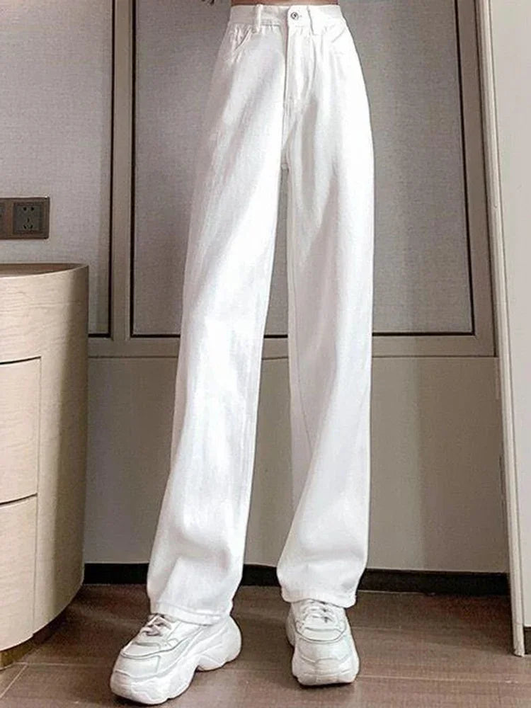 Women Spring High Waist Loose Denim Wide Leg Jeans Lady Street Korean Version Baggy Pants White Fashion Straight Leg Trousers