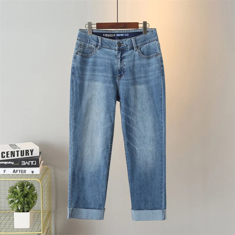 2024 Large Size Jeans Women's Ankle-Length Pants Spring Summer Stretch Denim Straight Pants Crimping Casual Pants Plus Size 7xl