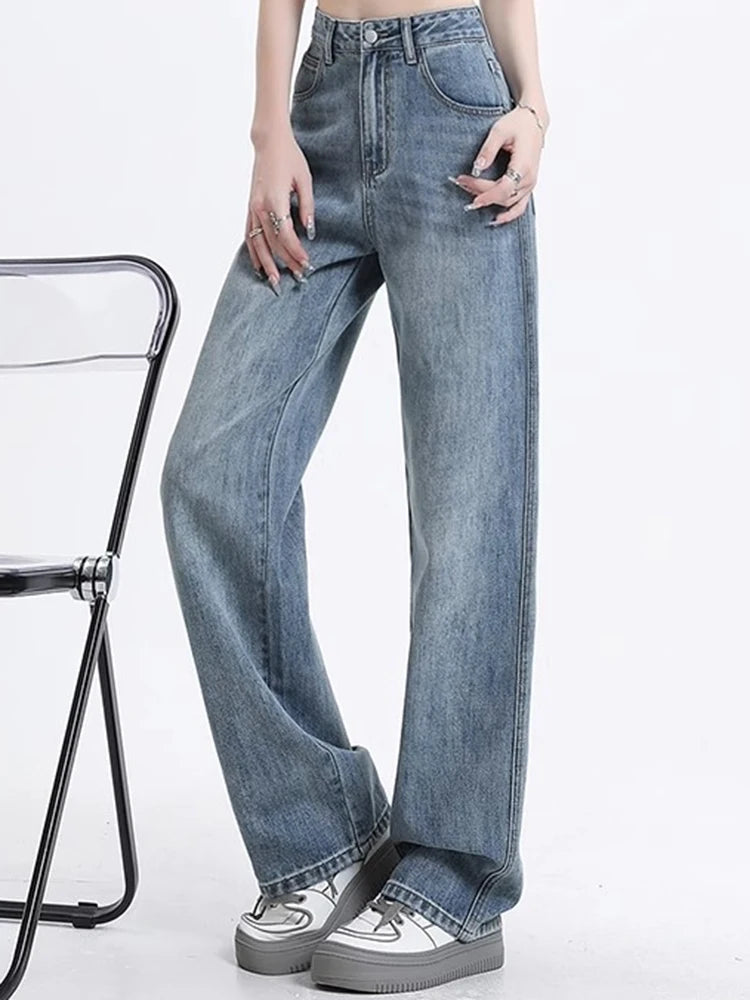 Girls High Waist Wide Leg Jeans Lady High Street Denim Straight Leg Pants Female Retro Blue Light Blue Black Gray Pink Trousers