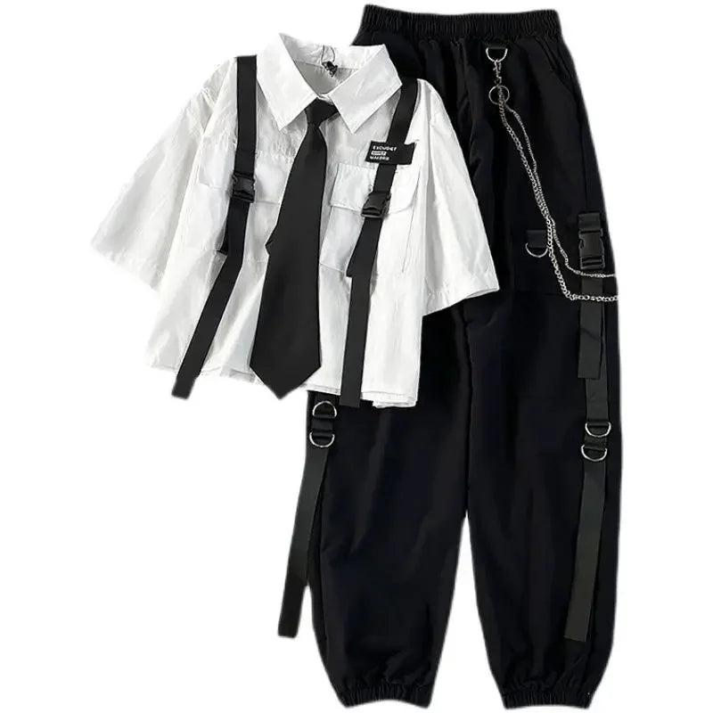 Cargo Pants with Chain 2 Piece Sets White Black Harajuku Shirt