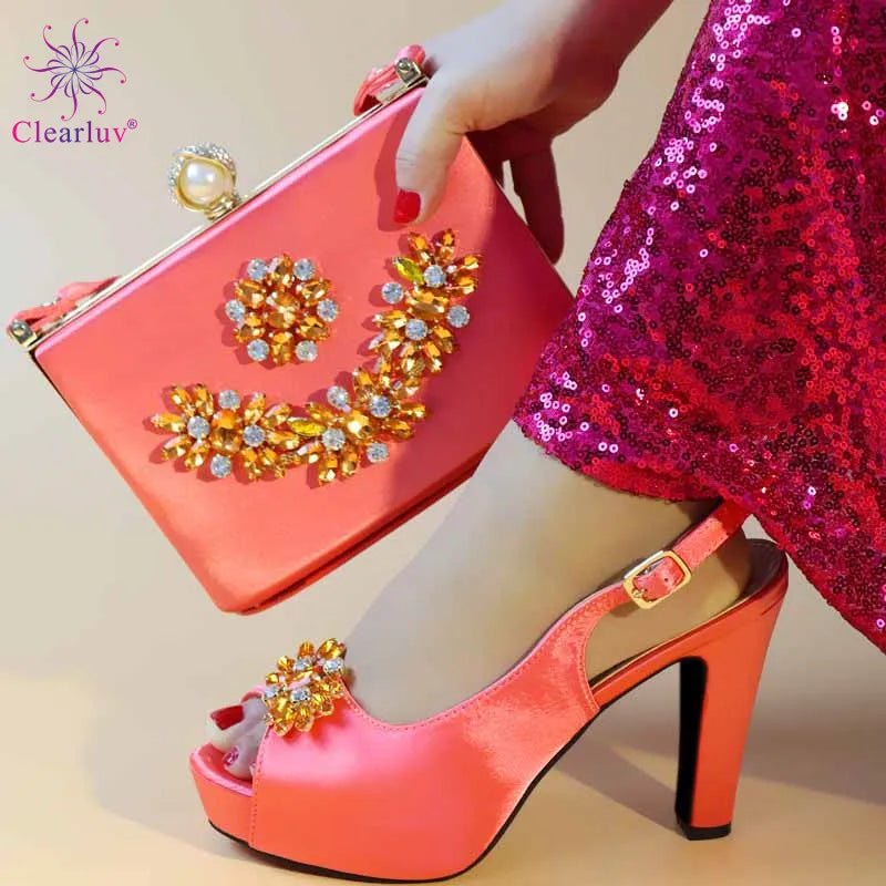 Party Pumps Shoes and Bag Set Decorated with Rhinestone