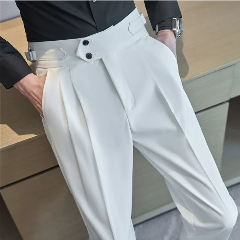 Men High Waist Casual Dress Pant Men Belt Design Slim Trousers