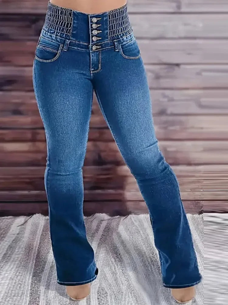 2025 Spring Jeans Womens High Waist Elastic Buttons Denim Long Flare Pants Lady Butt-lifted Breathable Plus Size Basic Trousers