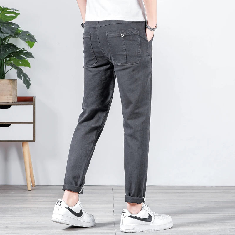 Spring Summer Men Casual Pants Elastic Waist Design Straight Slim Trousers Korean Trendy Stretch Male Pants Brand Clothing