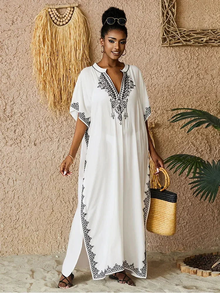 2024 Vintage Embroidery Kaftan Sexy V-neck Batwing Sleeve High Waist Maxi Dress Tunic Women Clothing Summer Beach Dresses Q660
