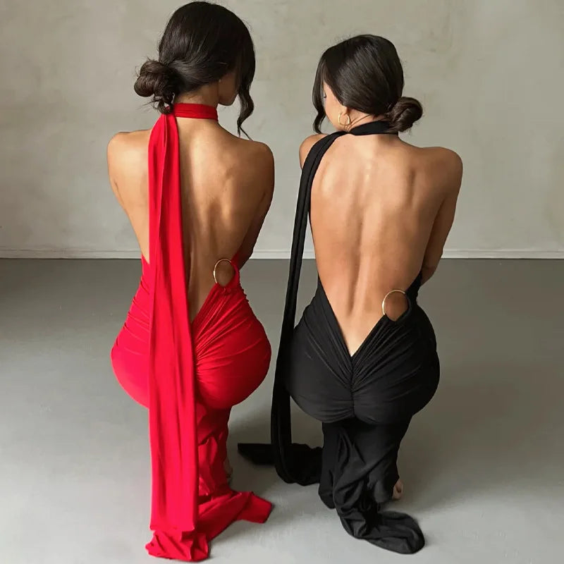 Halter Neck Waist Revealing Backpack Hip Dress