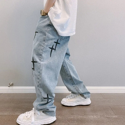 Men Designer Prints Star Jeans Streetwear Loose Wide Leg Jeans