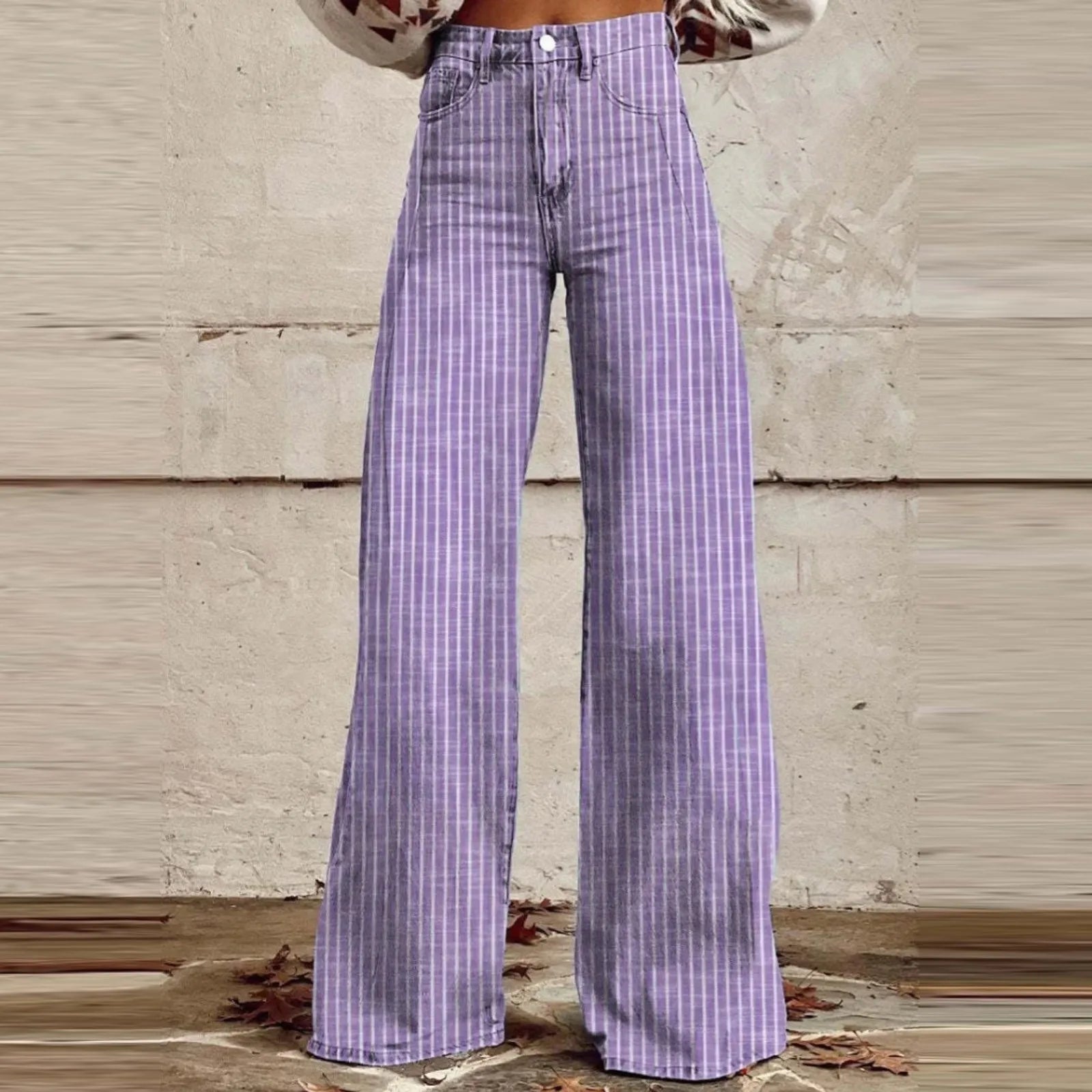 Women Bootcut Jeans Fashion Trendy Color Striped Wide Leg Straight Leg Mopping Pants Casual Street Style All-Match Denim Pants