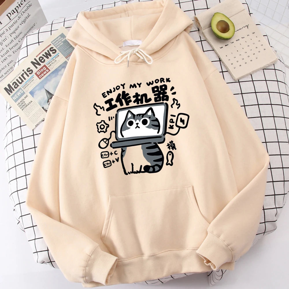 Cartoon Cat Is An Abstract Work Machine Mans Sweatshirt Comfort Sweatshirts Leisure Outdoor Pullover Youth Popular Clothes