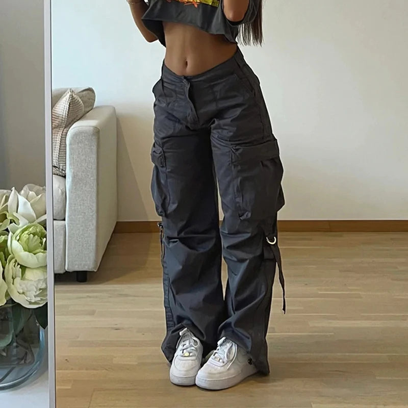 Streetwear Basic Buckle Cargo Pants Women Solid Straight Leg Big Pockets