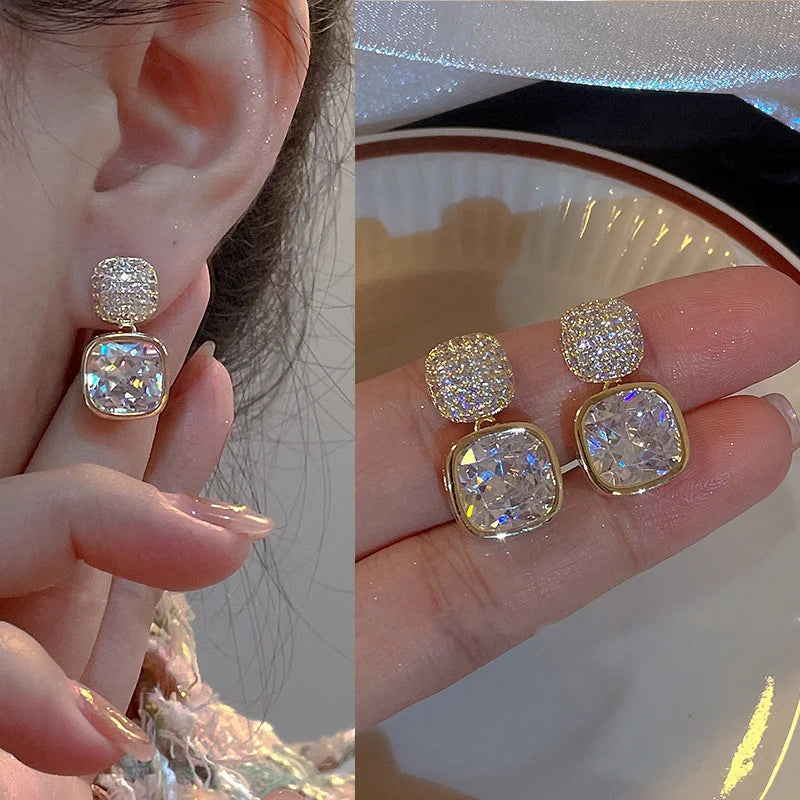 Square Colorful Zircon Ear Stud Earrings for Women