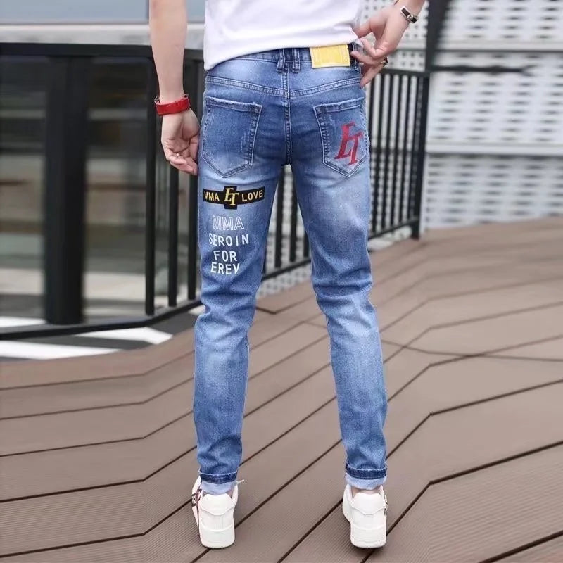 Trendy Personalized Cartoon Printed Pattern Jeans Men Fashion Elastic Slim Fit Small Leg Versatile Casual Long Pants