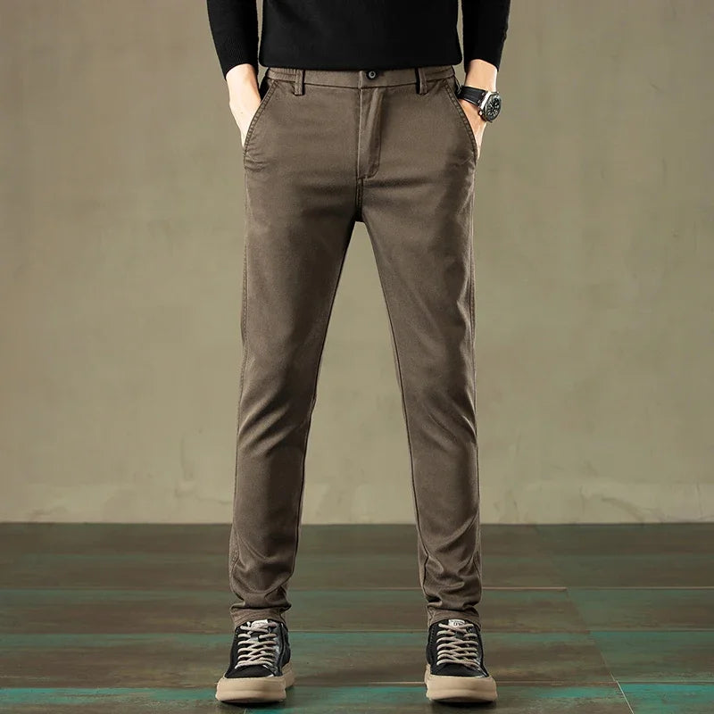 2024 Spring New Men's Casual Pants Brand Clothing Business Elastic Waist Thick Classic Slim Trousers Male Black Grey Brow