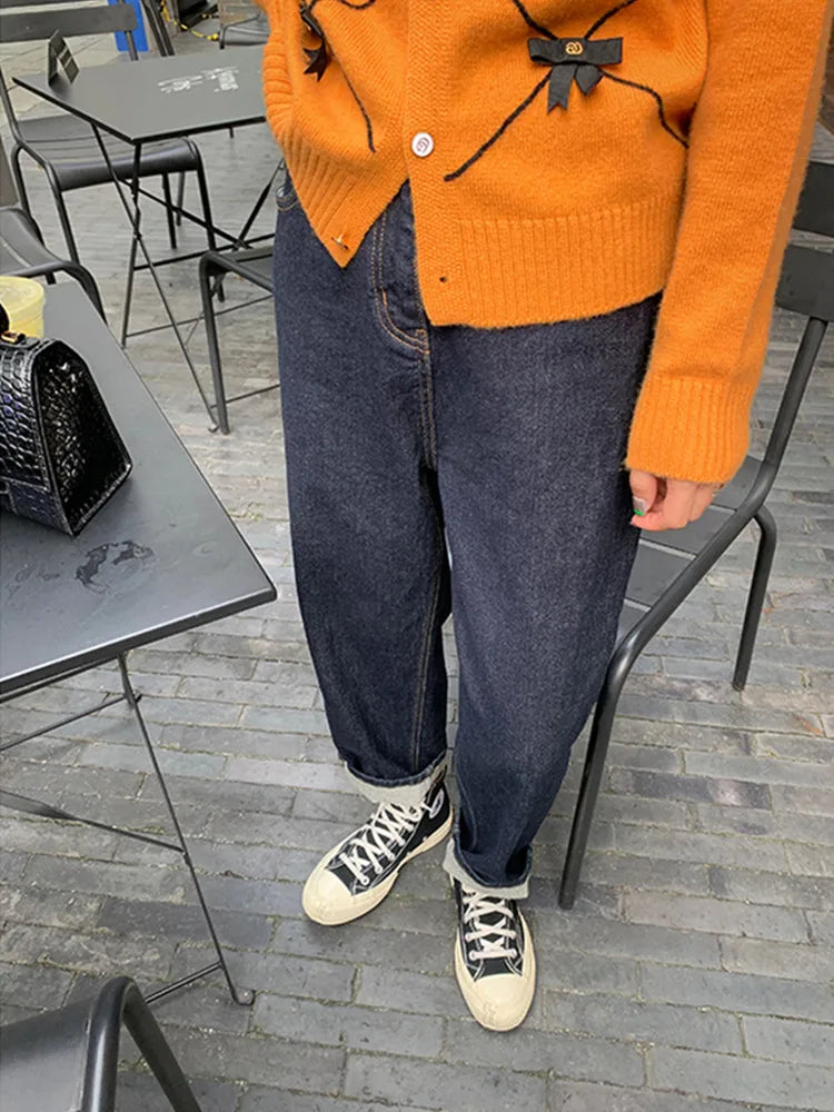 2023 Korean Y2K Fashion Dark Blue Cropped Haren Jeans Pants For Women Clothing Straight Casual Luxury Lady Trousers Ropa Mujer