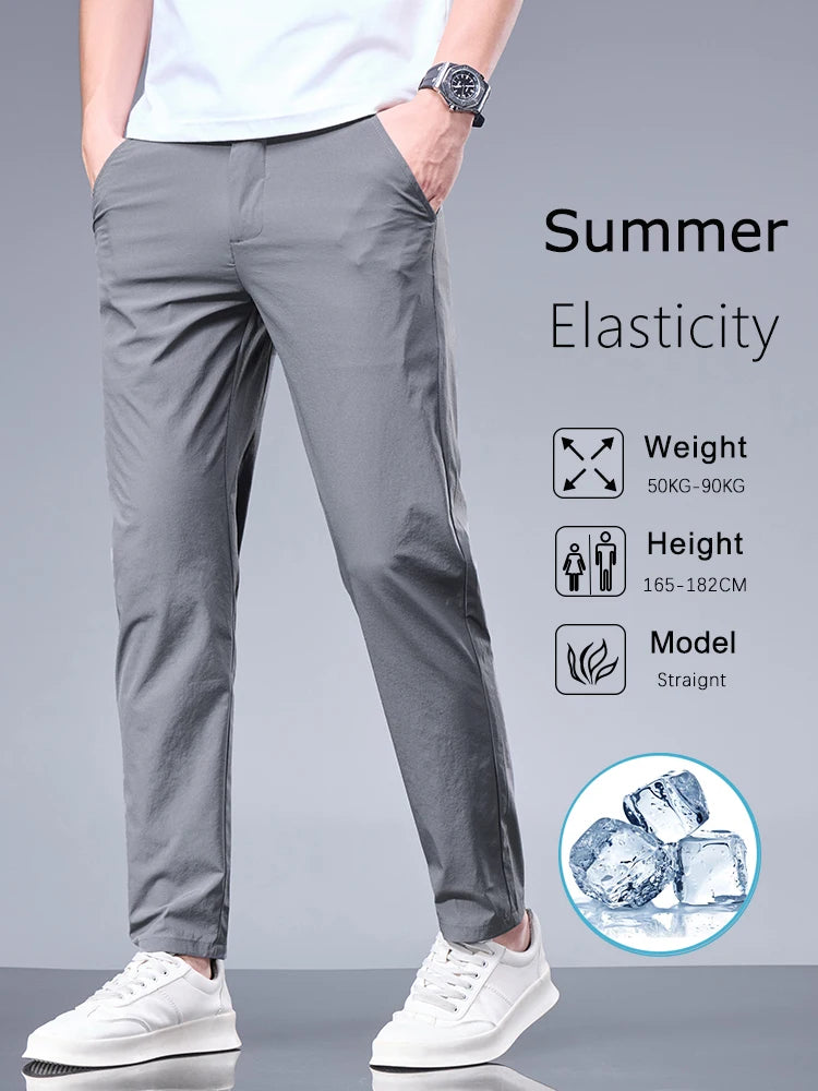 Business Ice Silk Pants Straight Elastic Waist Black Gray Trousers