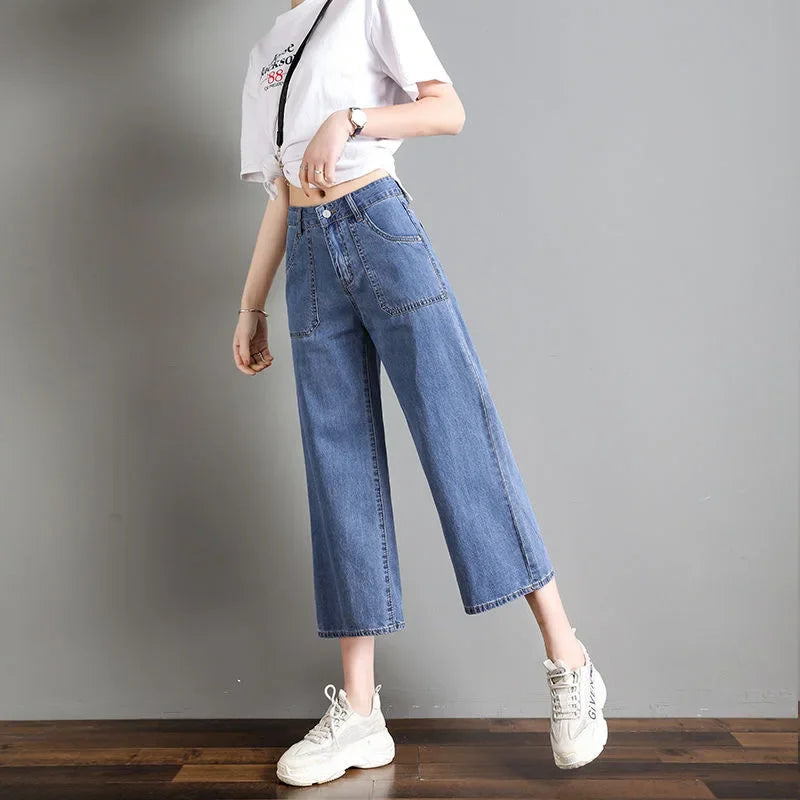 2023 New Summer Thin Jeans Women's Cropped Pants Straight-leg Loose-fit High-waisted Bell Bottoms Casual Style For Females