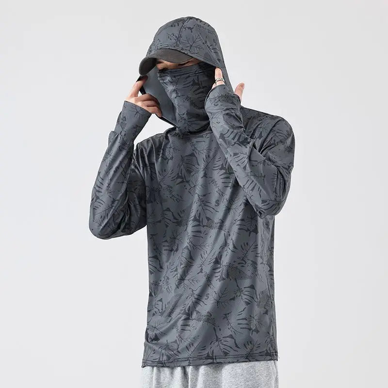 Sun Protection T-Shirts Mens Long Sleeve UV-Proof T-Shirts Fishing Hiking Summer Mask Lightweight Outdoor Protection Hoodie Tee