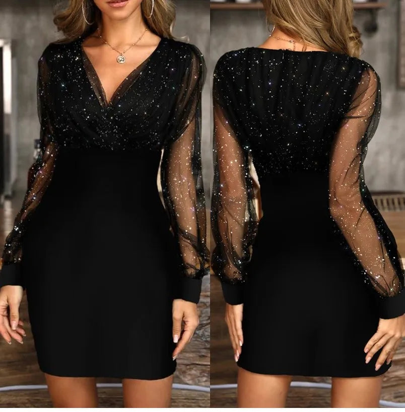 Sexy V-Neck See Through Long Sleeve Dress