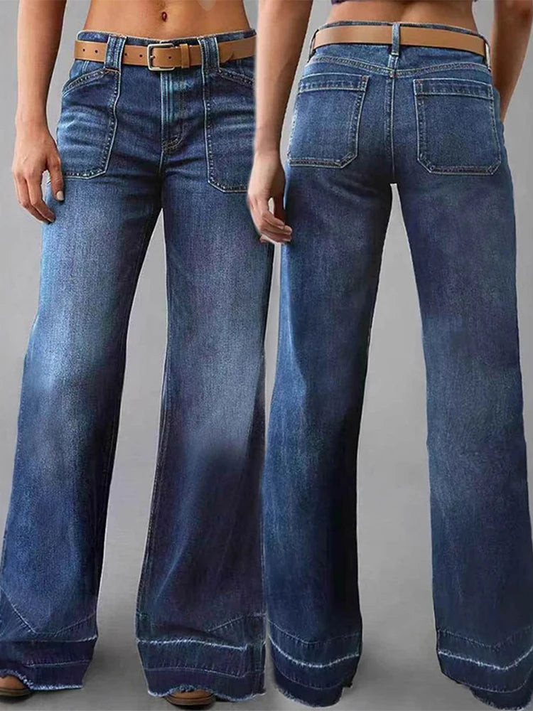 Denim Pants with Pocket Women Vintage Midi Waist Zipper Full Length Trouser Female Do Old Washed Bottom Plus Size Wide Leg Pant