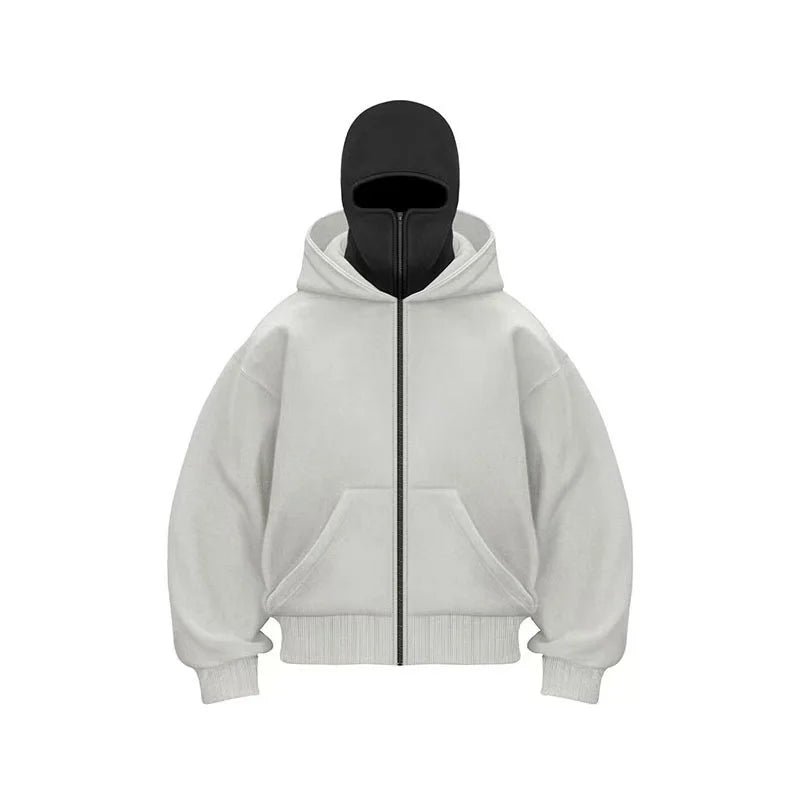 Unisex Double Hooded Fleece Sweatshirt Woman Balaclava Hoodie Half Zip Warm Outfit for Fall Winter Men Clothing Masked Outfit